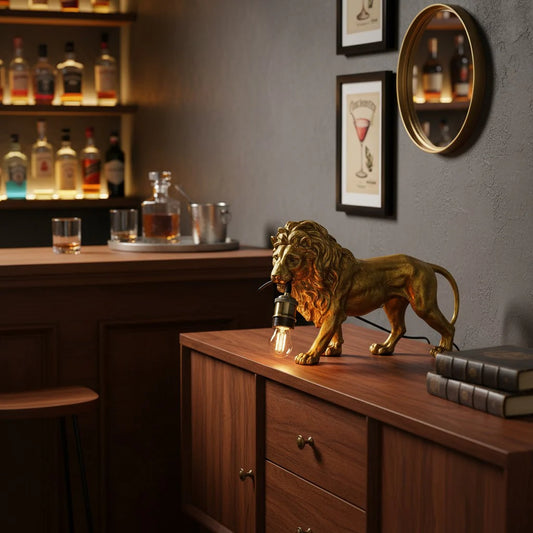 Antique Gold Prowling Lion Table Lamp – Statement Decorative Lighting