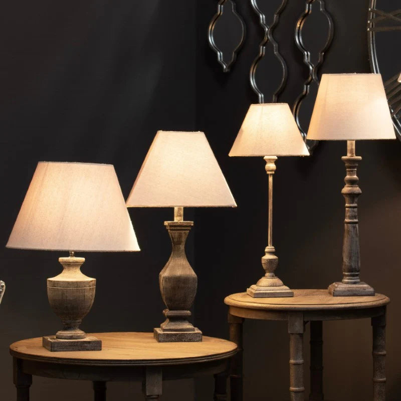 Incia Fluted Wooden Table Lamp with Linen Shade – Rustic Grey Wash Table Light