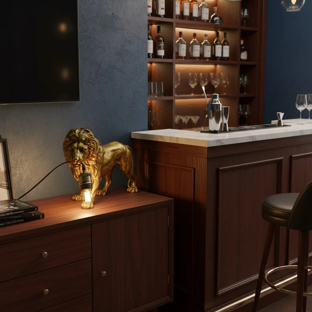 Antique Gold Prowling Lion Table Lamp – Statement Decorative Lighting