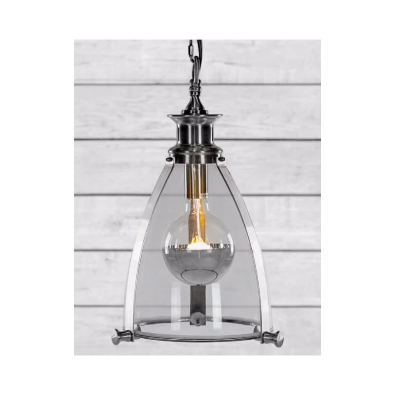 Chrome and Glass Lantern Ceiling Light – Modern Industrial Pendant Lamp