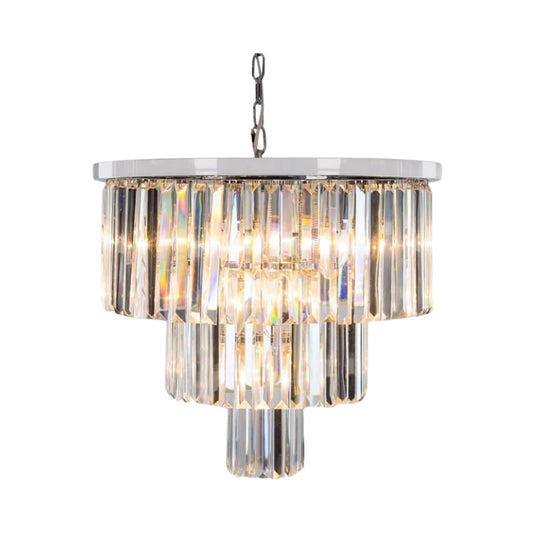 Large Chrome Prism Drop Round Cascade Chandelier – Crystal Statement Ceiling Light